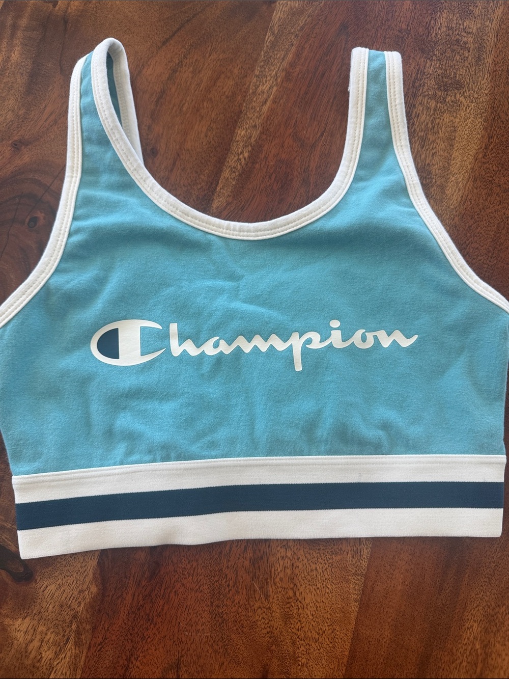 Champion Teal and White Logo Crop Sports Top